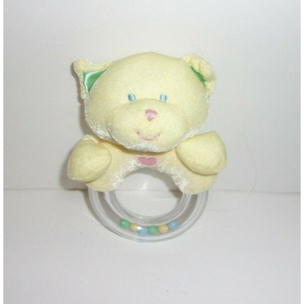 Heads & Tales Gund Yellow Teddy Bear Ring Rattle Baby Toy 5"